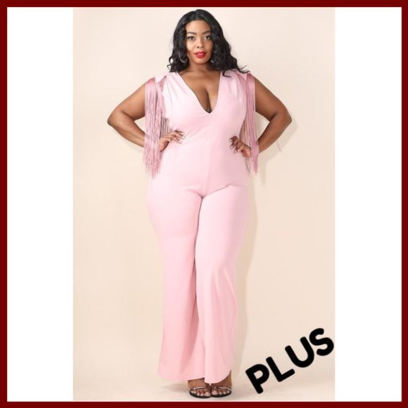 Pants - NWT Plus Size Fringe Shoulder V-Neck Jumpsuit Pink